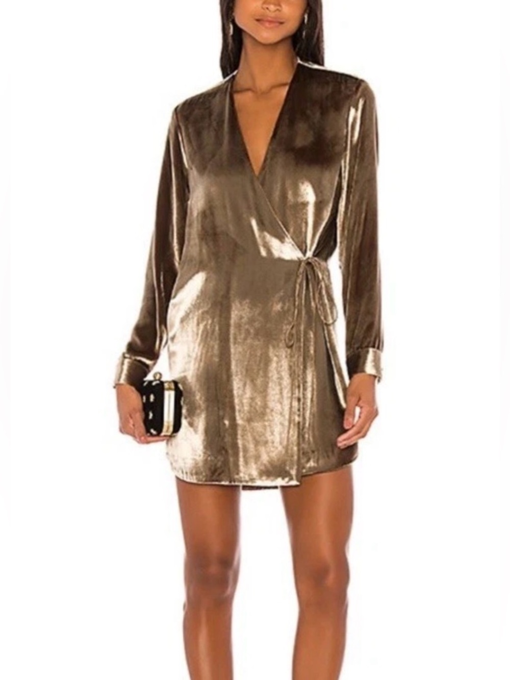 Michelle Mason Size 8 • Green V-Neck Long Sleeve Velvet Wrap Mini Dress.